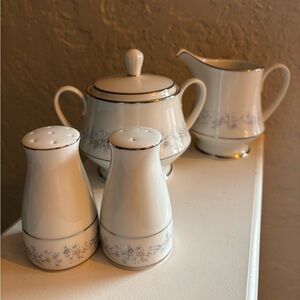 New Noritake Marywood 2181 Sugar Bowl W/ Lid Salt & Pepper and Creamer Set